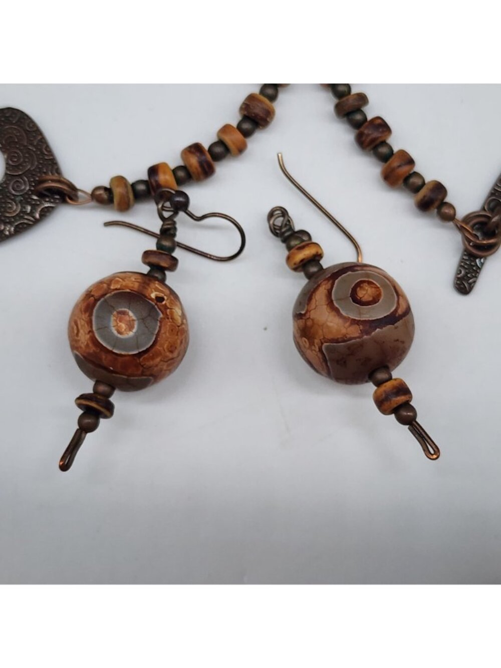 Bohemian Dzi Agate Necklace & Earring Set With Unique Patterned Spheres - Picture 9 of 11